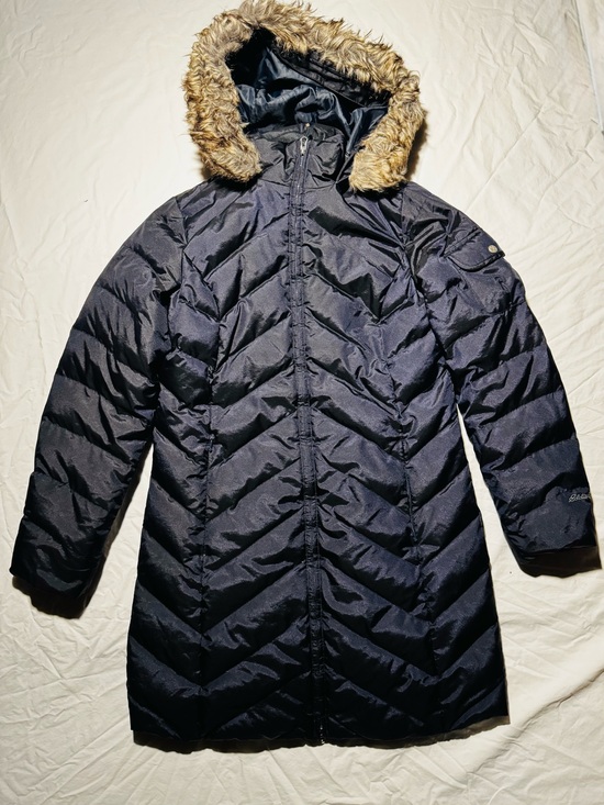 Eddie Bauer Jackets & Blazers - Eddie Bauer Long Navy Puffer Coat with Faux Fur Trim Hood Size Small